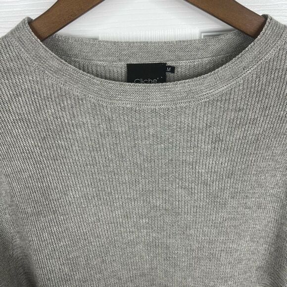 Cliche Gray Ribbed Wool Blend Quarter Tie Sleeve Crew Neck Sweater Top Medium - Picture 5 of 12